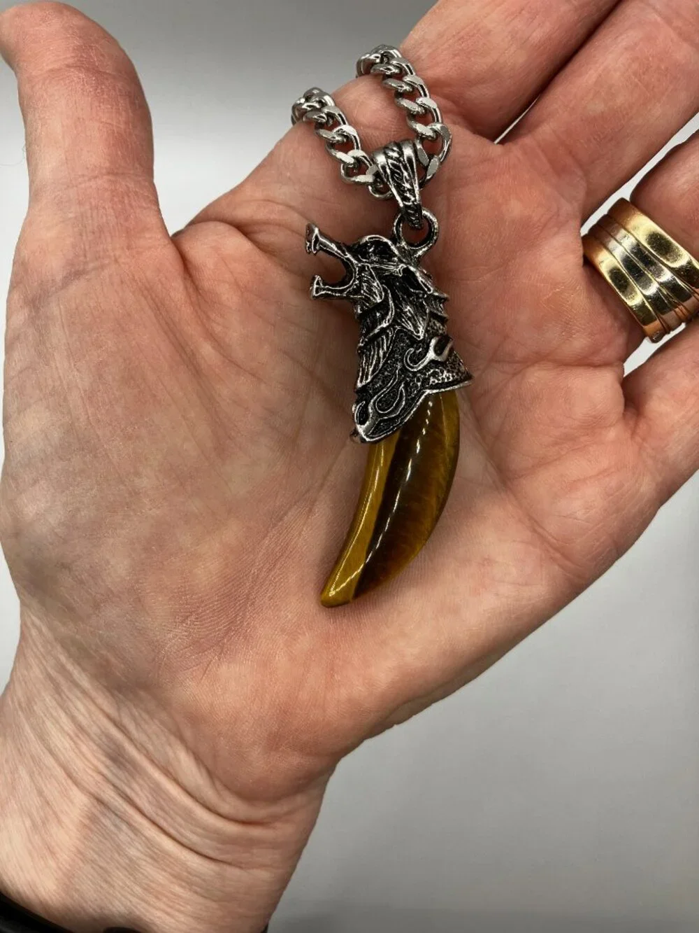 Tiger Eye Gemstone Tusk AND Men's Chunky 20 inch Stainless Steel Chain